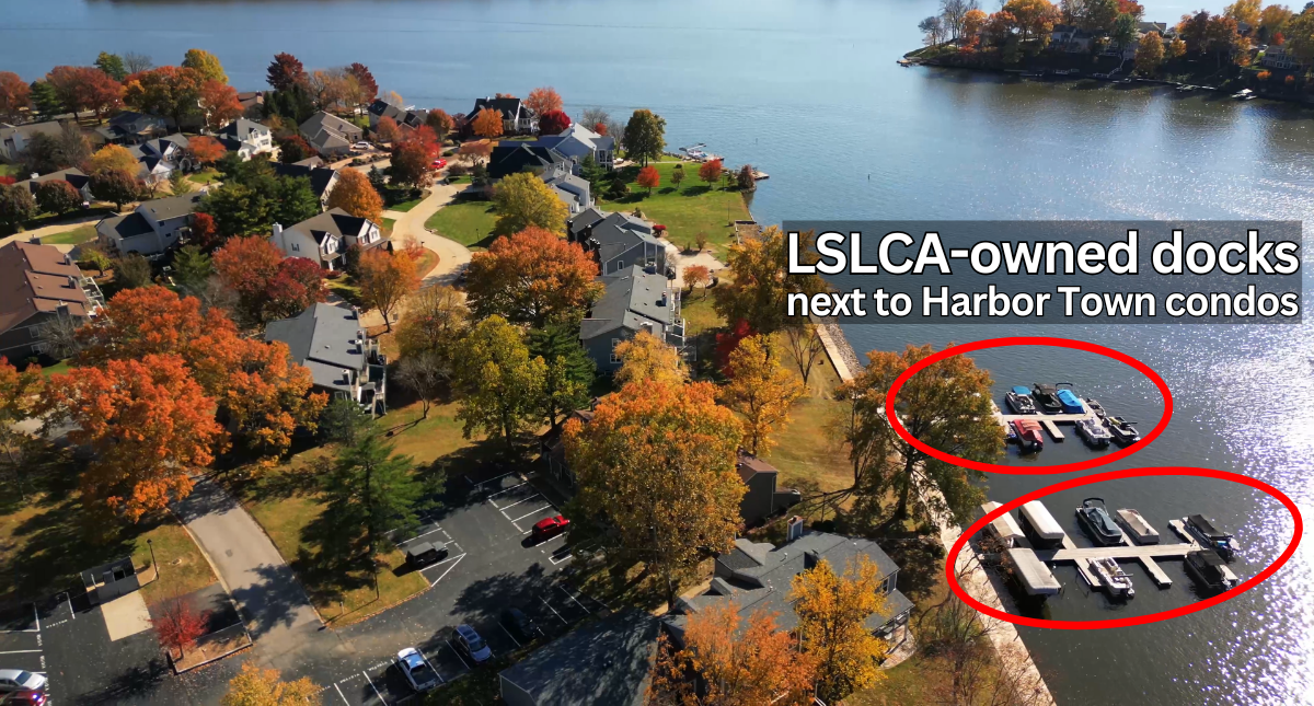LSLCA community-owned docks next to the Harbor Town condominiums on Lake Saint Louis, illustrating shared dock arrangements for waterfront condos