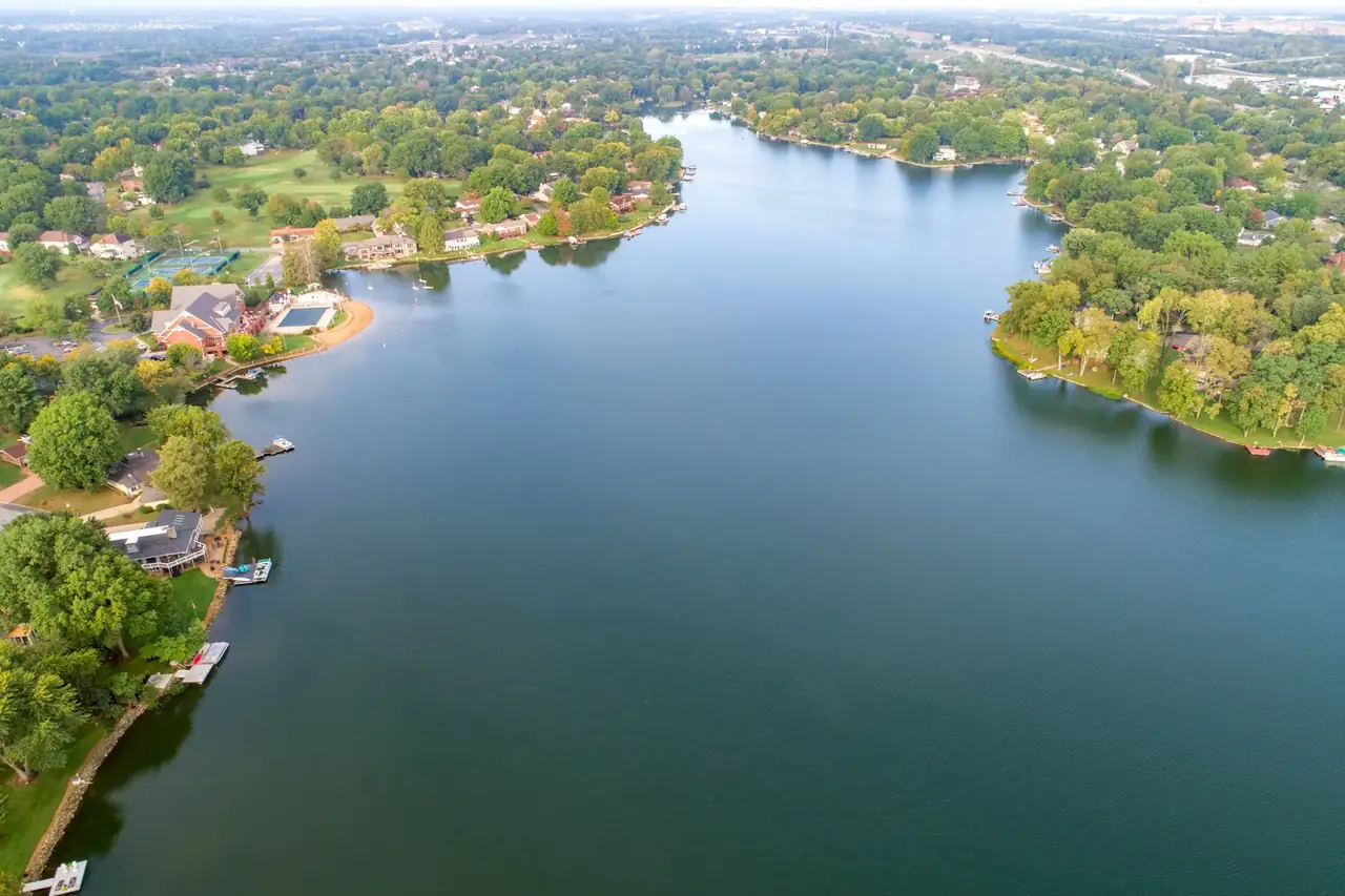 Aerial view of Lake St. Louis waterfront homes and the big lake